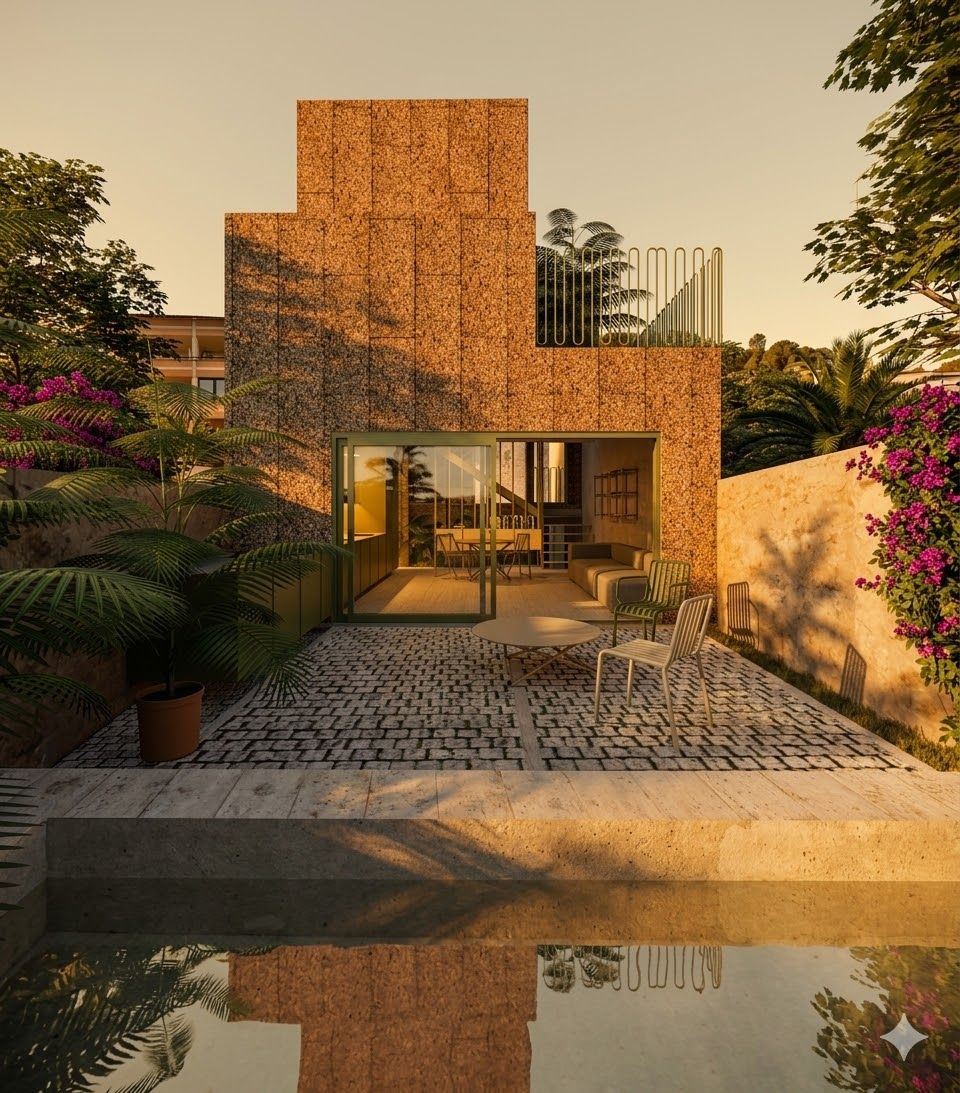 Garden and private pool in front of the cork-clad facade